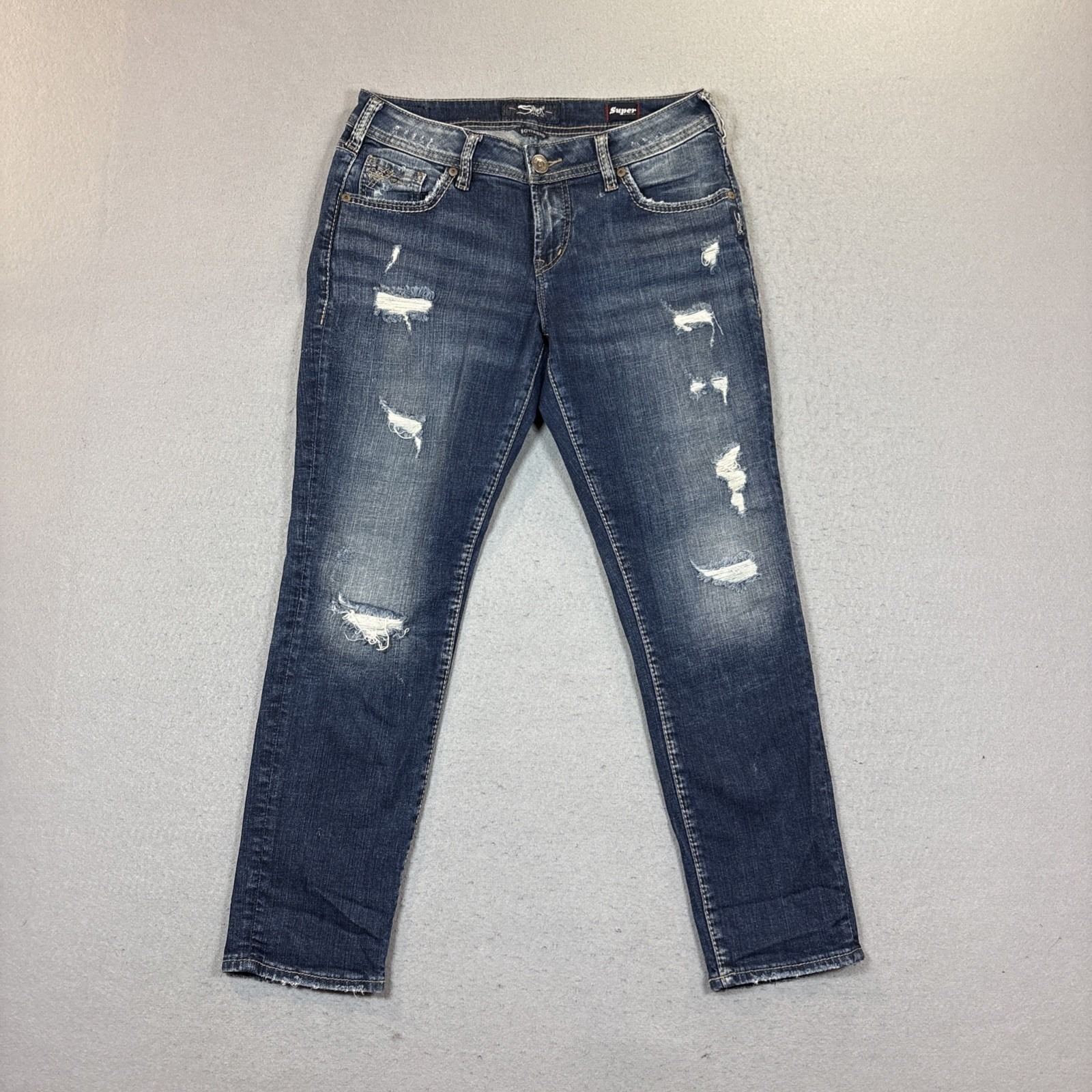 Silver Jeans Boyfriend Mid Rise Stretch Blue Denim Cropped Women's Size 28x25